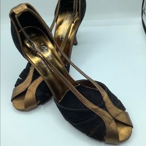 Donald J. Pliner Black and Bronze Metallic Peep-Toe Slingback Heels